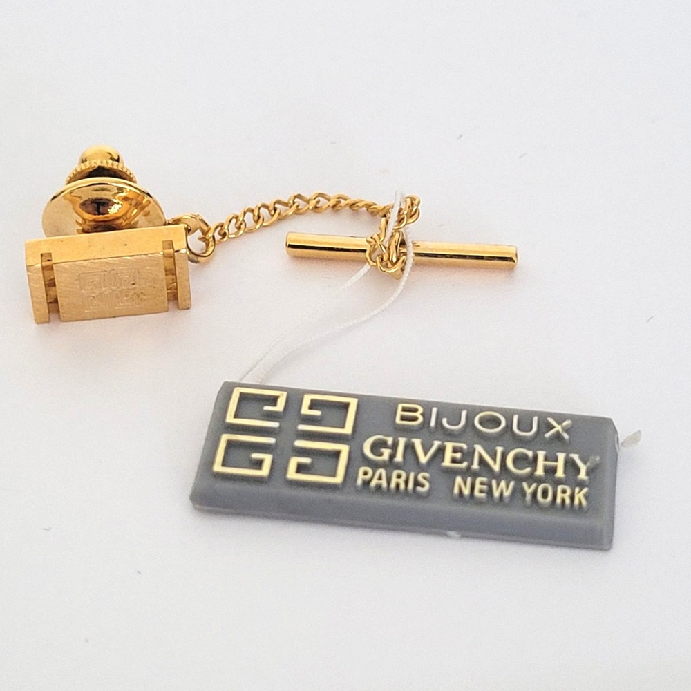 Bijoux Givenchy Gold Tone 4G Logo Tie Tac Chain T-bar Vintage Mens Accessory